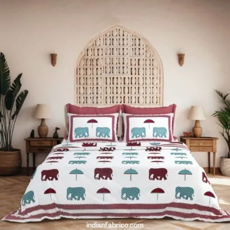 Jaipuri White Dark Maroon Rajwada Elephant Print King Size Bedsheet (108×108)