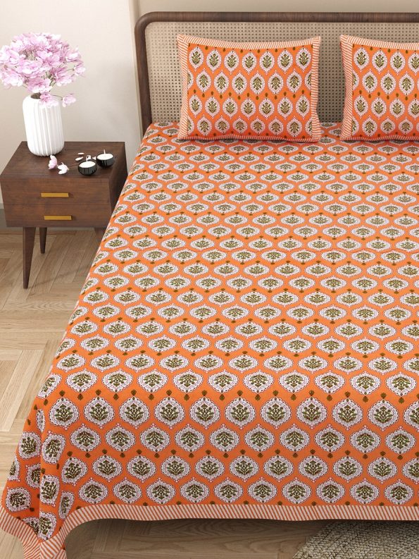 Orange Base Block Boota Pattern Double Bedsheet