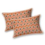 Orange Base Block Boota Pattern Double Bedsheet with Two Pillow Covers