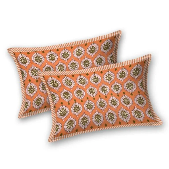 Orange Base Block Boota Pattern Double Bedsheet Pillow Covers