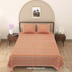 Orange Base Block Boota Pattern Double Bedsheet with Two Pillow Covers