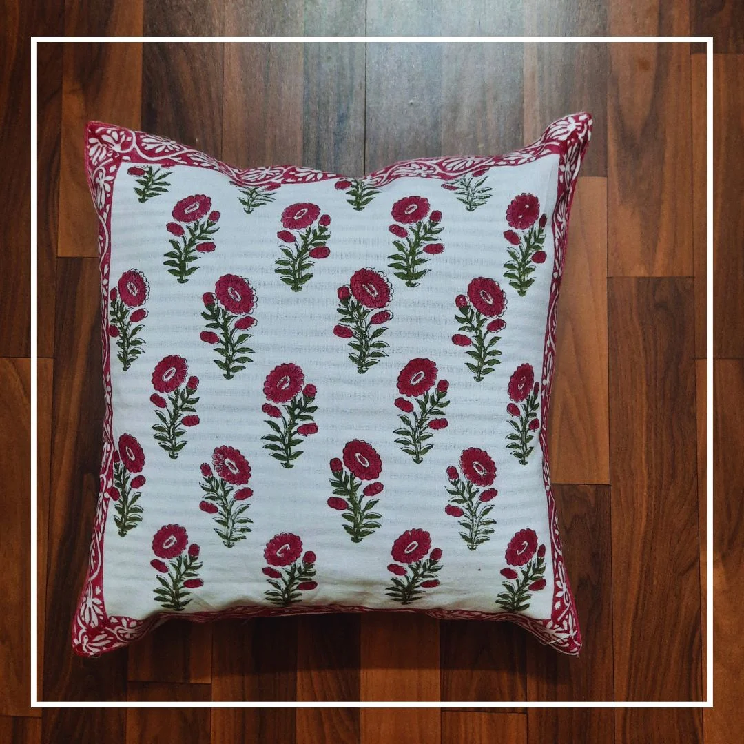 Pink Floral Print Pure Cotton Cushion Cover (16x16Inch) Pink Floral Print Pure Cotton Cushion Cover (16x16Inch)