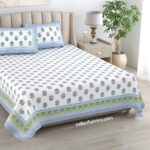 Artistic Modern Teal Floral Checkered Jaipuri Print Double Bedsheet