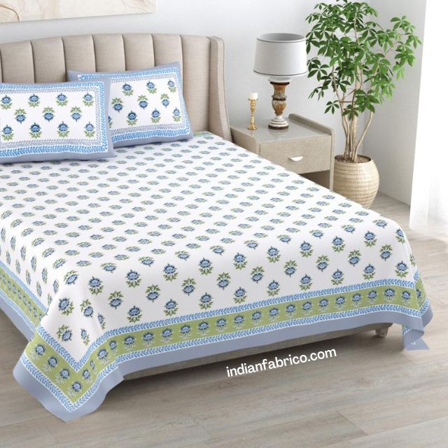 Artistic Modern Teal Floral Checkered Jaipuri Print Double Bedsheet Artistic Modern Teal Floral Checkered Jaipuri Print Double Bedsheet