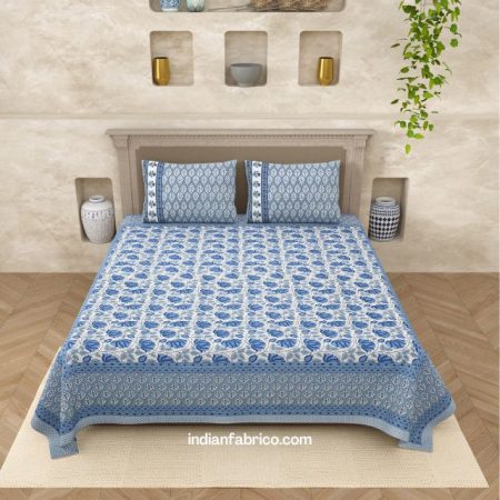 Beautiful Blue Base Floral Print Double Bedsheet