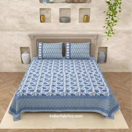 Beautiful Blue Base Floral Print Double Bedsheet