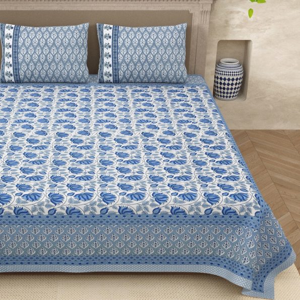 Beautiful Blue Base Floral Print Double Bedsheets with pillow covers