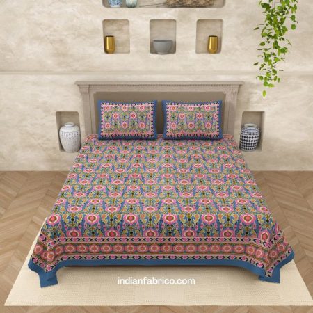 Beautiful Blue Base ikat Pink Floral Print Double Bedsheet