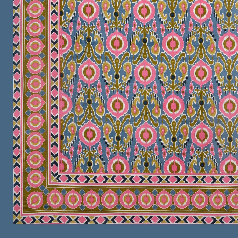 Beautiful Blue Base ikat Pink Floral Print Double Bedsheet Edges