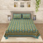 Beautiful Green Base ikat Teal Floral Print Double Bedsheet