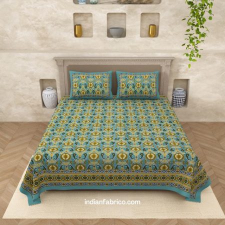 Beautiful Green Base ikat Teal Floral Print Double Bedsheet