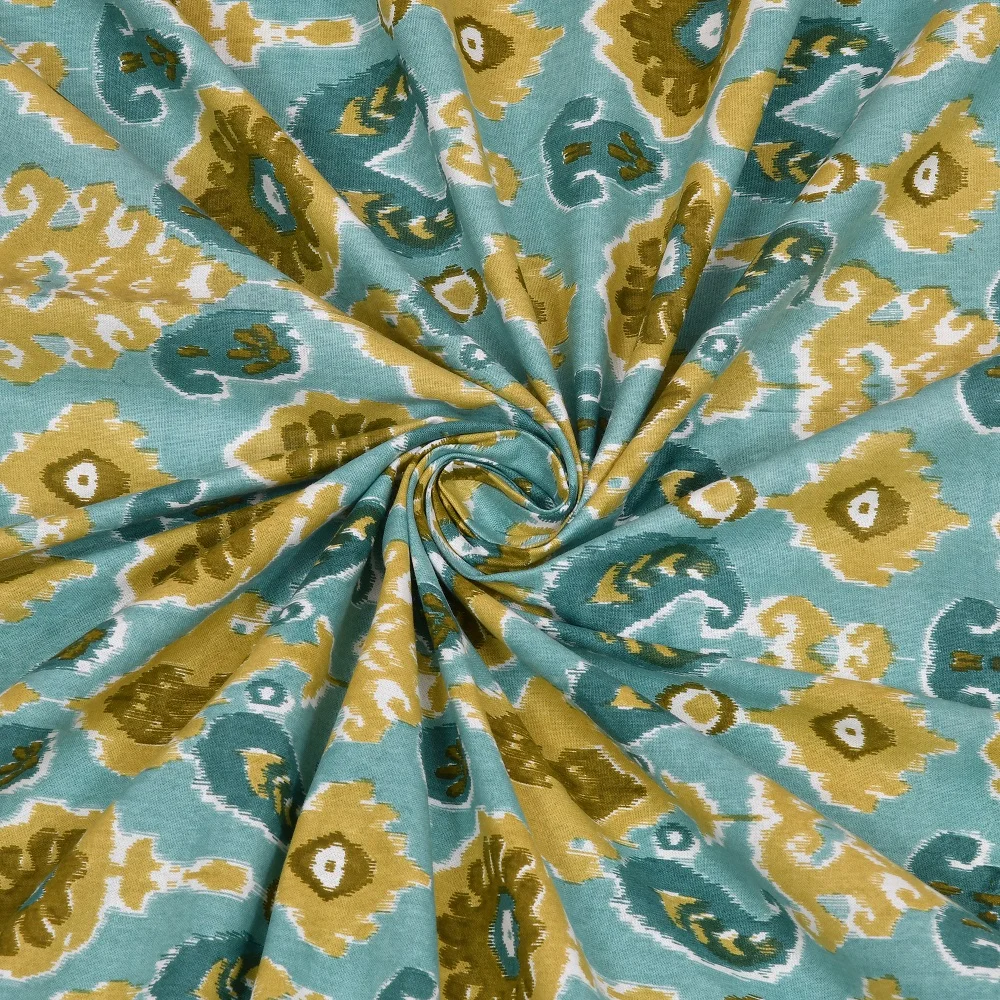 Beautiful Green Base ikat Teal Floral Print Double Bedsheet Closeup
