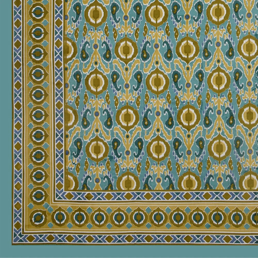 Beautiful Green Base ikat Teal Floral Print Double Bedsheet Edges