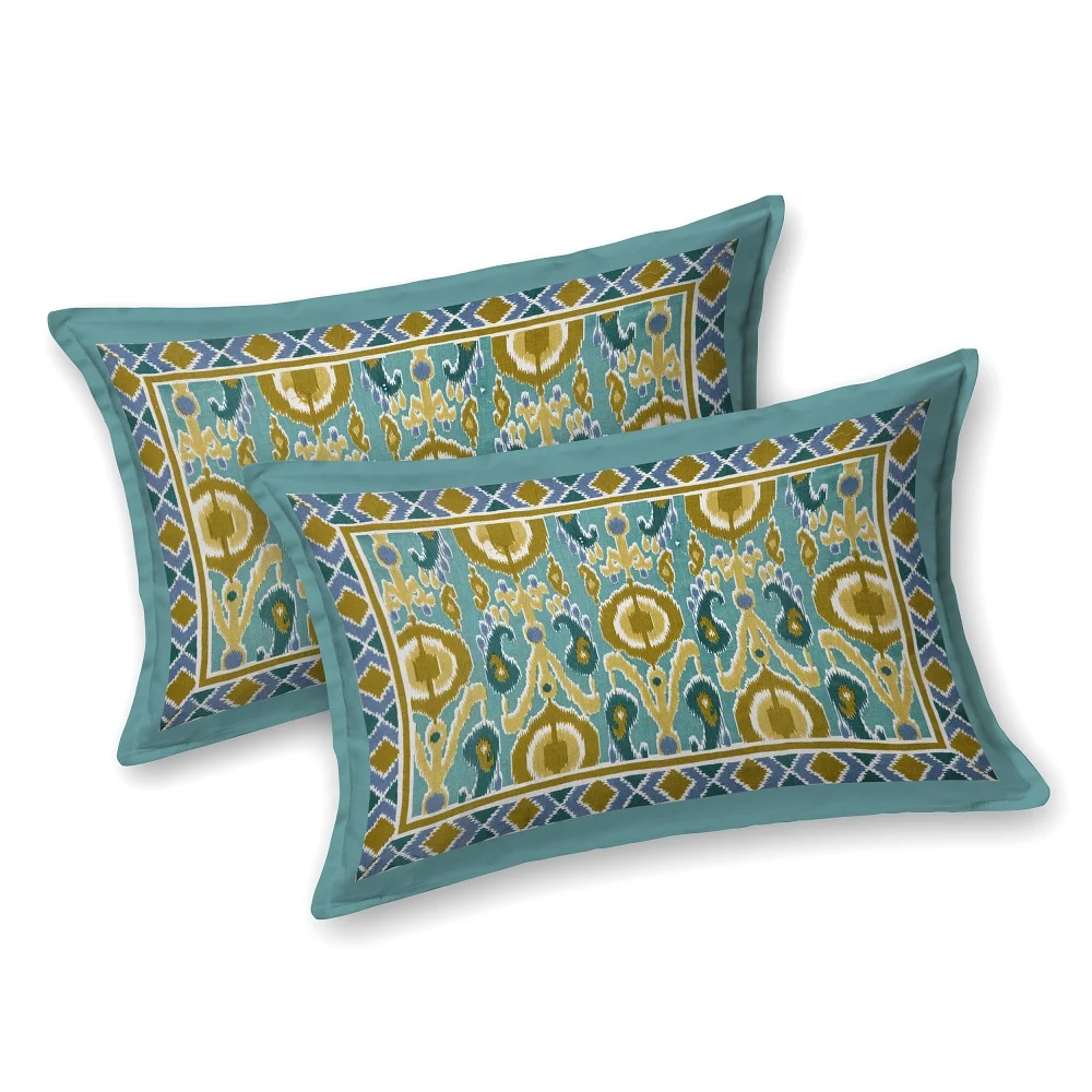 Beautiful Green Base ikat Teal Floral Print Double Bedsheet Pillow Covers