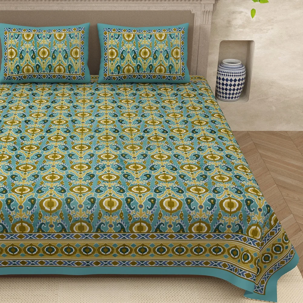 Beautiful Green Base ikat Teal Floral Print Double Bedsheets