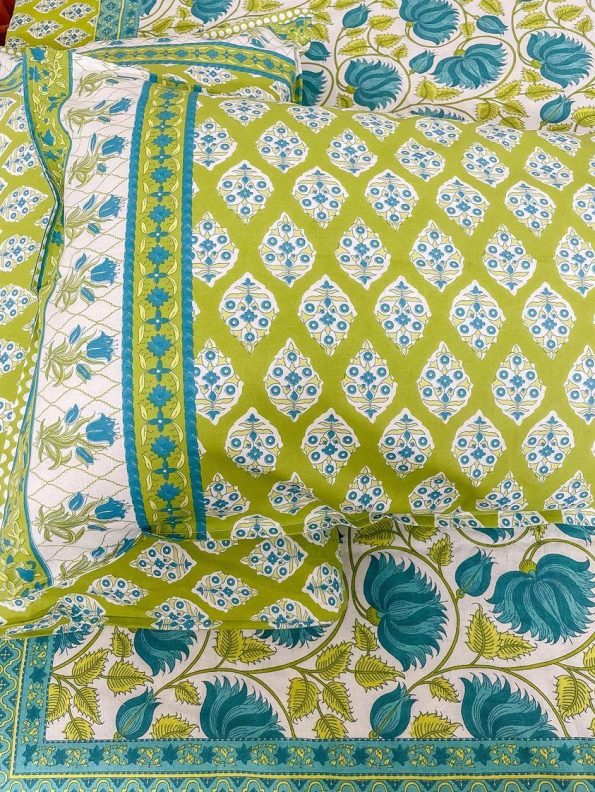 Beautiful Teal Floral Jaal Jaipuri Print Double Bedsheet Pillow Covers