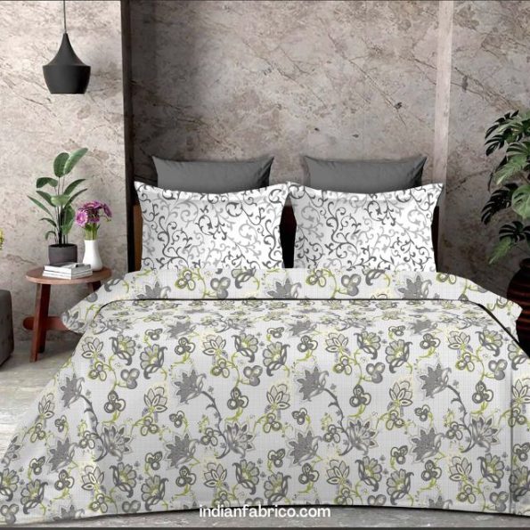 Luxury Grey Floral Jaal Pure Cotton King Size Bedsheets (108×108)