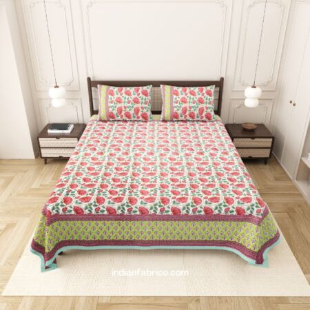 Pink Floral Jaal Jaipuri Print Double Bedsheet