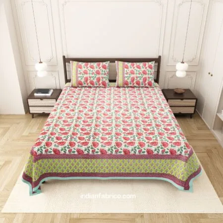 Pink Floral Jaal Jaipuri Print Double Bedsheet
