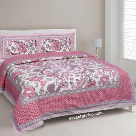 Pink Floral Motif Jaipuri Print Double Bedsheet