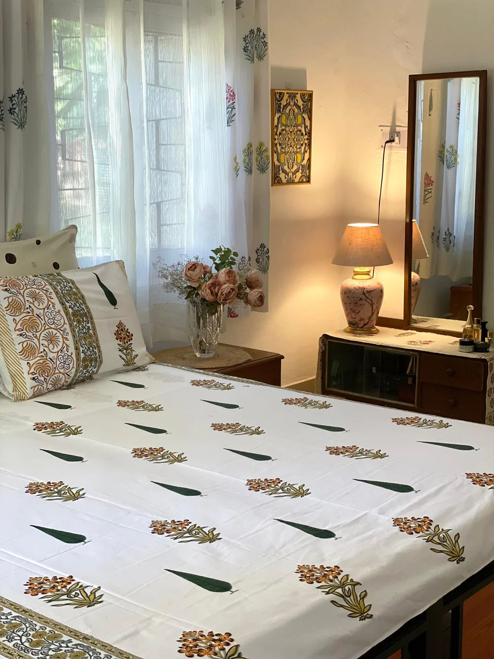 Premium Handblock Print Yellow Floral Boota Pure Cotton King Size Bedsheet