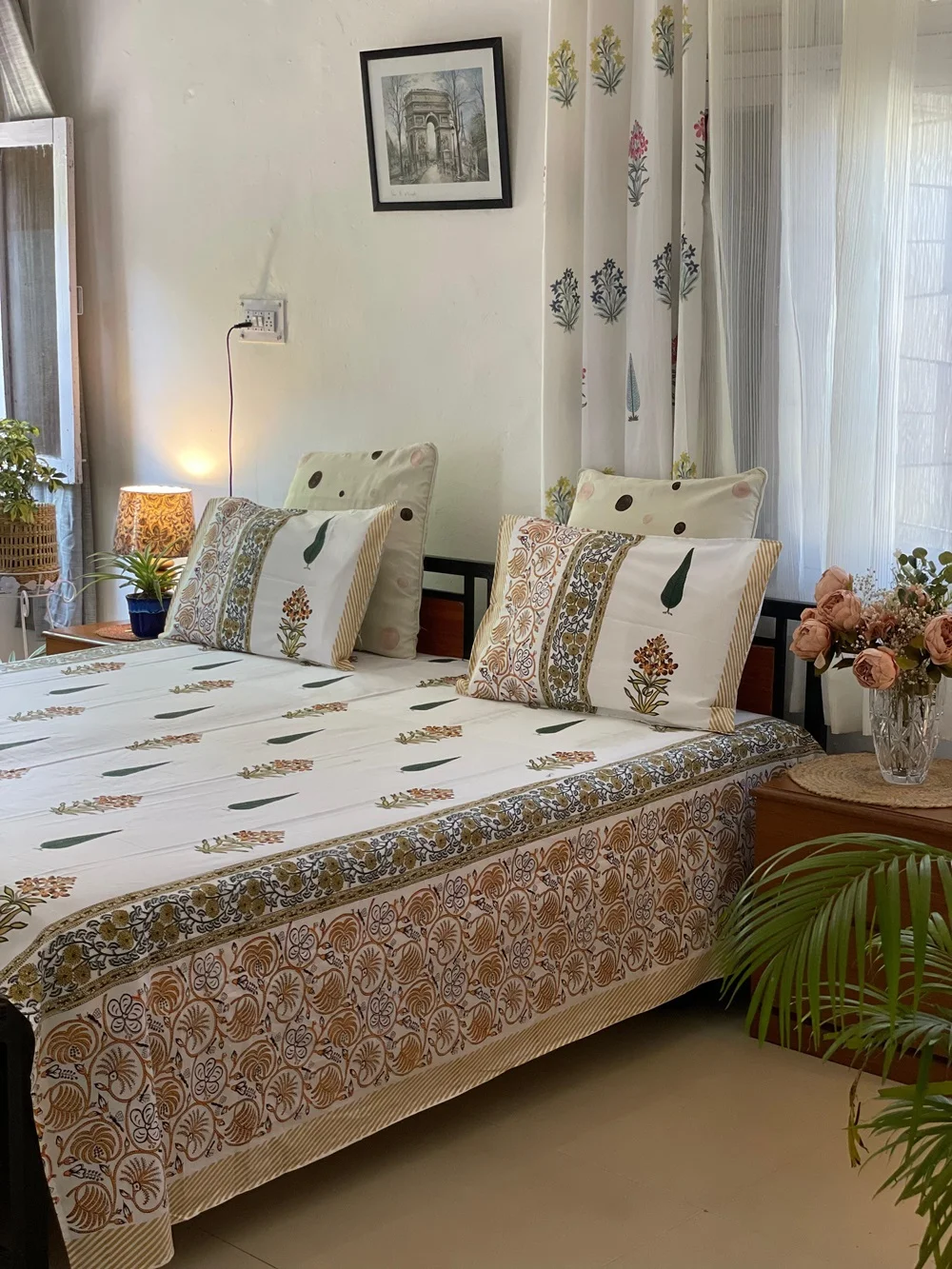 Premium Handblock Print Yellow Floral Boota Pure Cotton King Size Bedsheets Closeup