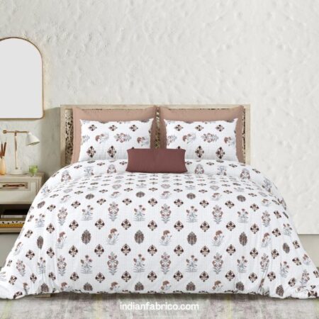 White Base Grey Floral Boota Design Pure Cotton King Size Bedsheets (108×108)