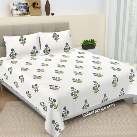 Blue Handblock Boota Print King Size Bedsheet (108×108)