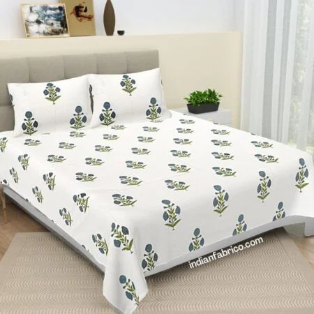 Blue Handblock Boota Print King Size Bedsheet (108×108)