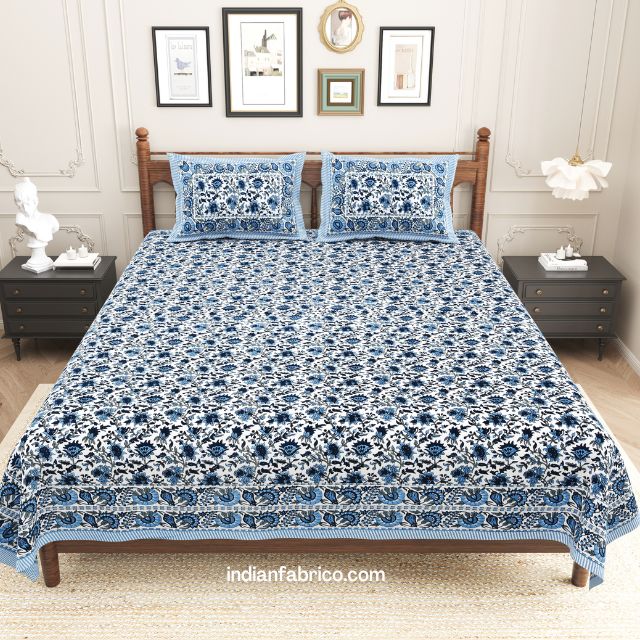 Ethnic Blue Floral Jaal Print Pure Cotton Double Bedsheet Ethnic Blue Floral Jaal Print Pure Cotton Double Bedsheet