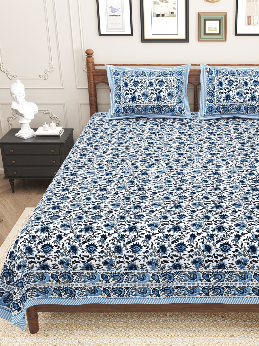 Ethnic Blue Floral Jaal Print Pure Cotton Double Bedsheets