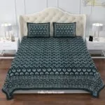 Indigo Dark Green Floral Motif Print Double Bedsheet with Two Pillow Covers