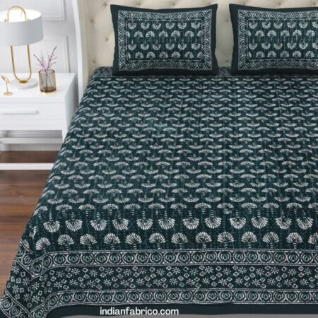 Indigo Dark Green Floral Motif Print Double Bedsheet with Two Pillow Covers