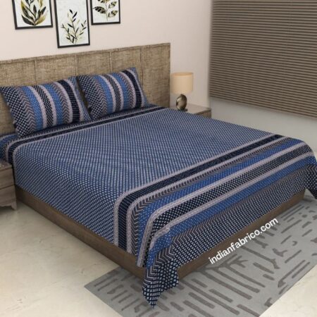 Jaipuri Blue Base Jaal Print King Size Bedsheet with Two Pillow Cover (108×108)