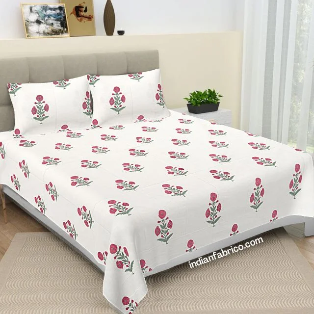 Jaipuri Pink Floral Boota King Size Bedsheet with Two Pillow Cover (108×108)