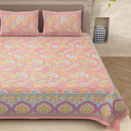 Orange Floral Print Double Bedsheet