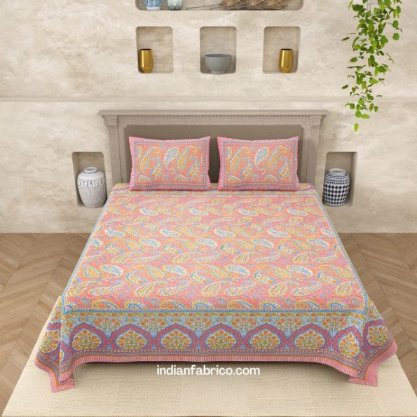 Orange Floral Print Double Bedsheet with Two Pillow Covers