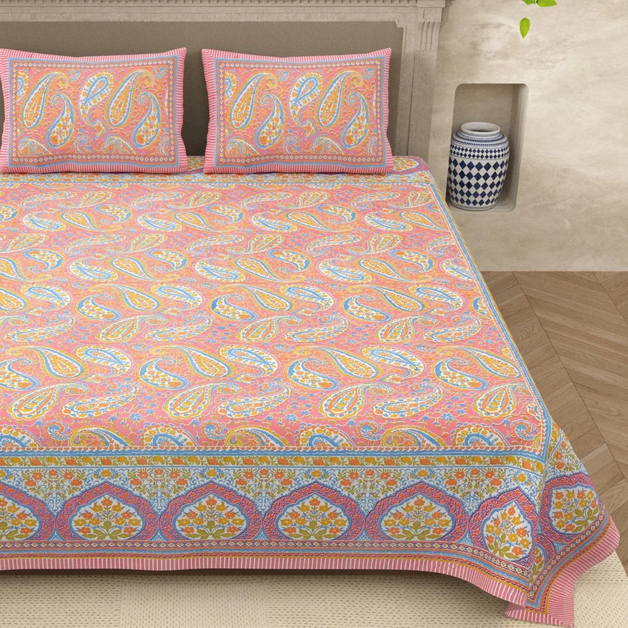 Orange Floral Print Double Bedsheet