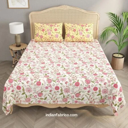 White Base Pink Floral Motif Print Double Bedsheet with Two Pillow Covers