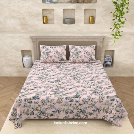 Green Floral Leaf Print Double Bed Dohar + King Size Bedsheet with Two Pillow Cover Set