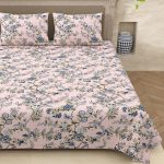 Green Floral Leaf Print Double Bed Dohar + King Size Bedsheet with Two Pillow Cover Set