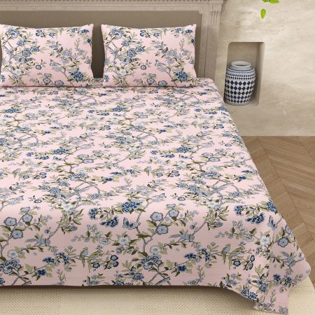 Green Floral Leaf Print Double Bed Dohar + King Size Bedsheet with Two Pillow Covers