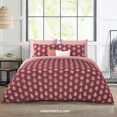 Jaipuri Indigo Red Motif King Size Bedsheet with Two Pillow Cover