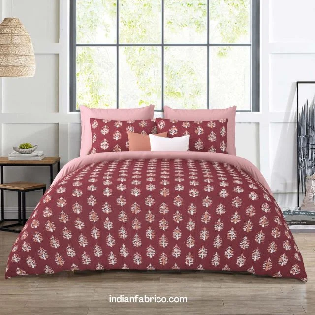 Jaipuri Indigo Red Motif King Size Bedsheet with Two Pillow Cover