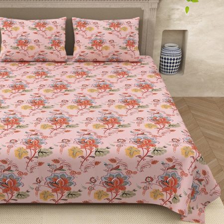 Pink Base Floral Print Double Bed Dohar + King Size Bedsheet