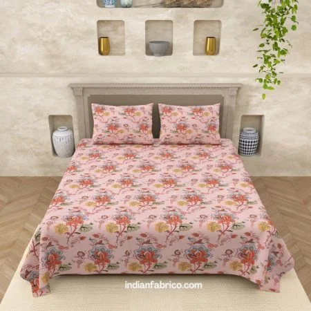 Pink Base Floral Print Double Bed Dohar + King Size Bedsheet with Two Pillow Covers