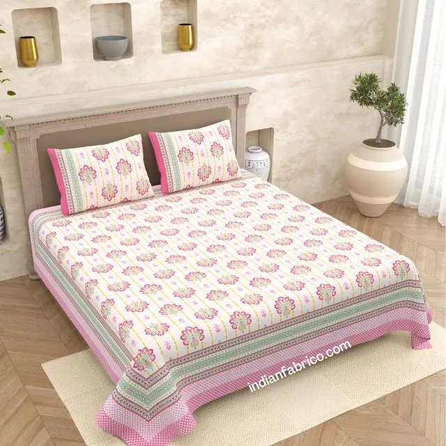 Pink Floral Boota King Size Bedsheet with 2 Pillow Covers Set