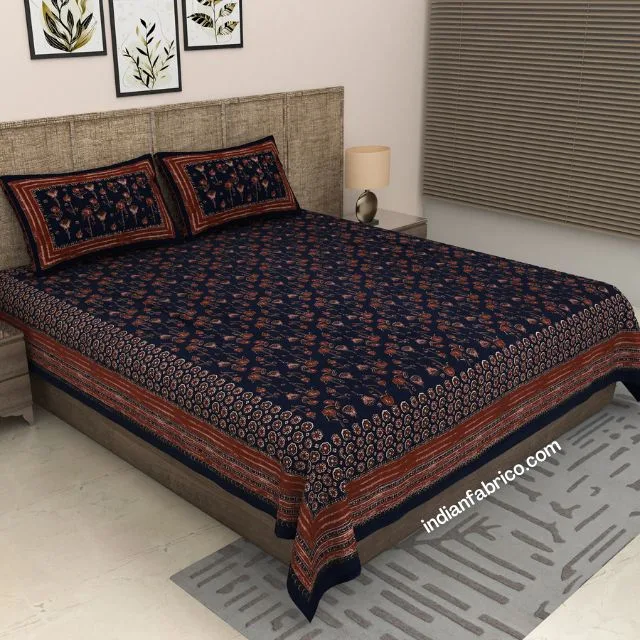 Dark Black Floral Print Pure Cotton King Size Bed Sheet (108×108)