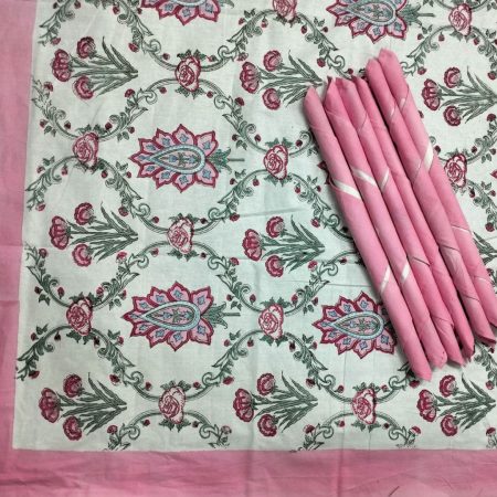 Dinning Table Cover Set - Pink Floral Jaal Print 6 Seater Set