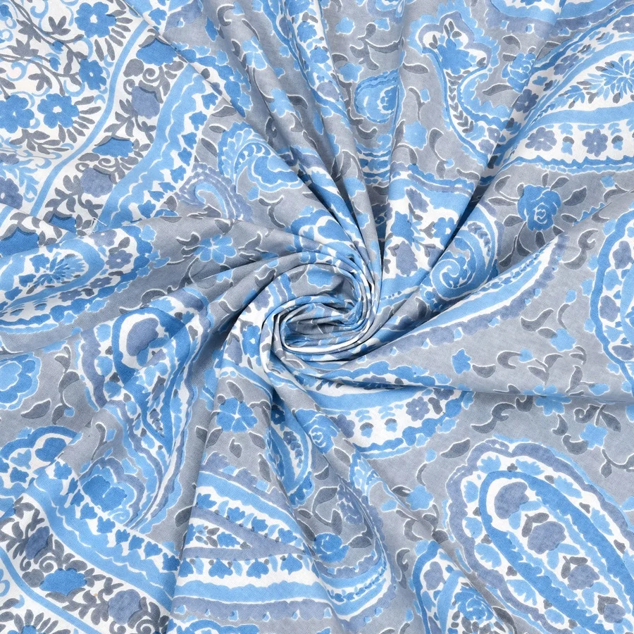 Ethnic Jaipuri Blue Floral Print Sky Color Double Bed Sheet Closeup Ethnic Jaipuri Blue Floral Print Sky Color Double Bed Sheet Closeup
